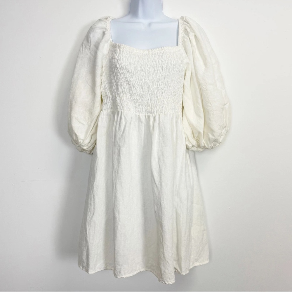 Tuckernuck Dress Womens XL White Linen Smocked Puff Sleeve Square Neck